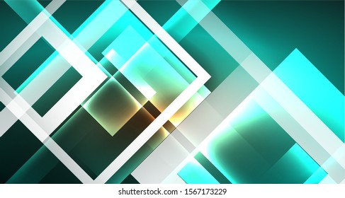 Diseño de neón brillante cuadrado forma fondo abstracto. Plantilla de banner de diseño abstracto vectorial retro. Fondo decorativo vectorial. Forma geométrica de diseño gráfico.
