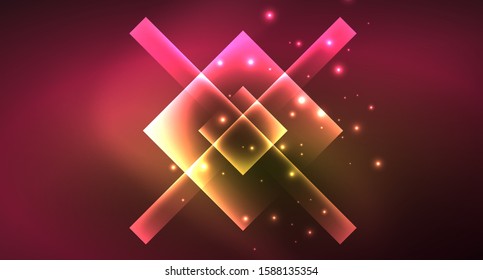 Diseño de neón brillante cuadrado forma fondo abstracto. Plantilla de banner de diseño abstracto vectorial retro. Fondo decorativo vectorial. Forma geométrica de diseño gráfico.
