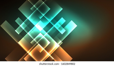 Design de néon brilhante forma quadrada fundo abstrato. Modelo de banner de design abstrato de vetor retrô. Fundo decorativo vetorial. Forma geométrica do desenho gráfico.
