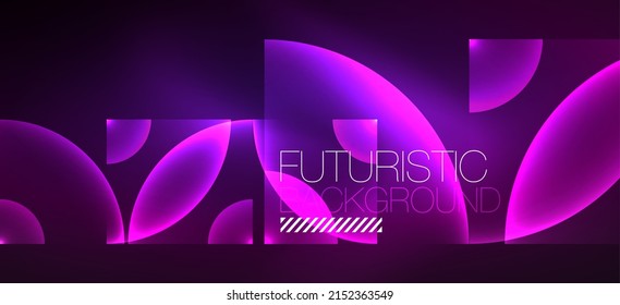 Shiny neon geometric abstract background. Glowing lights on round shapes, triangles and circles. Wallpaper for concept of AI technology, blockchain, communication, 5G, science, business