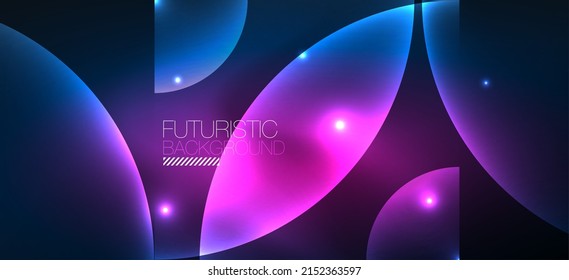 Leuchtender, geometrischer abstrakter Neonhintergrund. Glühende Lichter an runden Formen, Dreiecken und Kreisen. Bildschirmhintergrund für das Konzept der AI-Technologie, Blockchain, Kommunikation, 5G, Wissenschaft, Wirtschaft