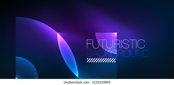 Shiny Neon Geometric Abstract Background. Glowing Lights On Round Shapes, Triangles And Circles. Wallpaper For Concept Of AI Technology, Blockchain, Communication, 5G, Science, Business