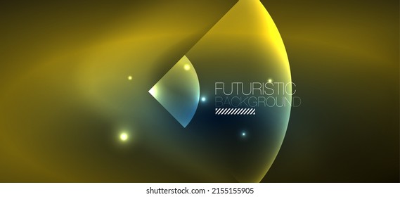 Leuchtender, geometrischer abstrakter Neonhintergrund. Glühende Lichter an runden Formen, Dreiecken und Kreisen. Bildschirmhintergrund für das Konzept der AI-Technologie, Blockchain, Kommunikation, 5G, Wissenschaft, Wirtschaft