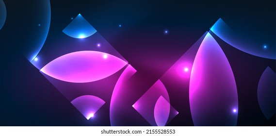 Shiny neon geometric abstract background  Glowing lights round shapes  triangles   circles  Wallpaper for concept AI technology  blockchain  communication  5G  science  business