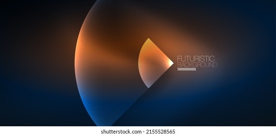 Shiny Neon Geometric Abstract Background. Glowing Lights On Round Shapes, Triangles And Circles. Wallpaper For Concept Of AI Technology, Blockchain, Communication, 5G, Science, Business