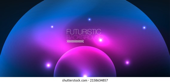 Fondo abstracto geométrico brillante de neón. Luces brillantes en formas redondeadas, triángulos y círculos. Fondo de escritorio para el concepto de tecnología de IA, blockchain, comunicación, 5G, ciencia, negocios