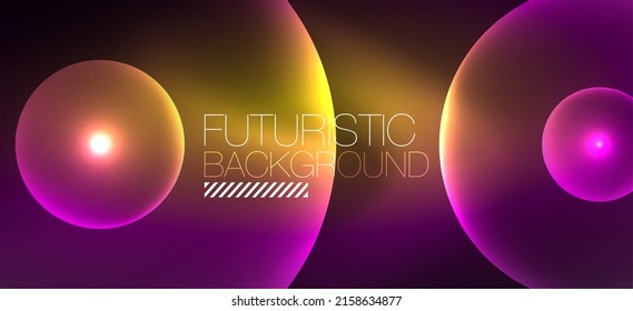 Fondo abstracto geométrico brillante de neón. Luces brillantes en formas redondeadas, triángulos y círculos. Fondo de escritorio para el concepto de tecnología de IA, blockchain, comunicación, 5G, ciencia, negocios
