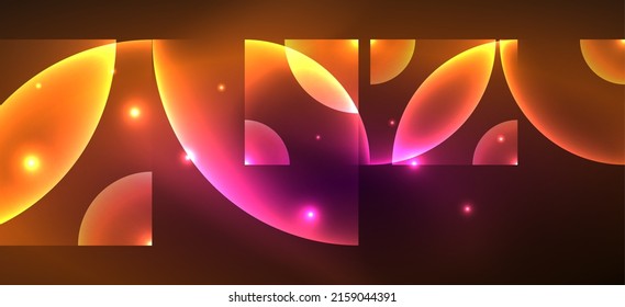 Fondo abstracto geométrico brillante de neón. Luces brillantes en formas redondeadas, triángulos y círculos. Fondo de escritorio para el concepto de tecnología de IA, blockchain, comunicación, 5G, ciencia, negocios