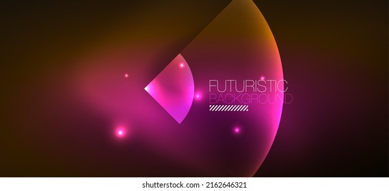 Shiny neon geometric abstract background. Glowing lights on round shapes, triangles and circles. Wallpaper for concept of AI technology, blockchain, communication, 5G, science, business