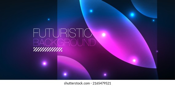 Shiny neon geometric abstract background. Glowing lights on round shapes, triangles and circles. Wallpaper for concept of AI technology, blockchain, communication, 5G, science, business
