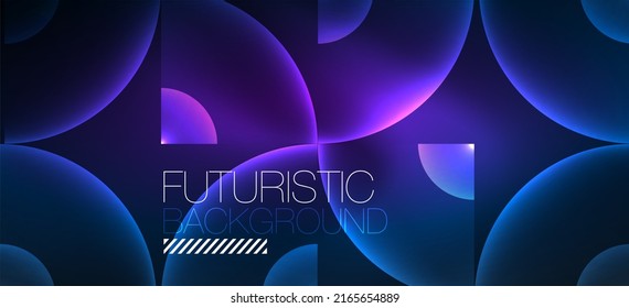 Leuchtender, geometrischer abstrakter Neonhintergrund. Glühende Lichter an runden Formen, Dreiecken und Kreisen. Bildschirmhintergrund für das Konzept der AI-Technologie, Blockchain, Kommunikation, 5G, Wissenschaft, Wirtschaft