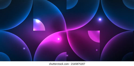 Shiny neon geometric abstract background. Glowing lights on round shapes, triangles and circles. Wallpaper for concept of AI technology, blockchain, communication, 5G, science, business