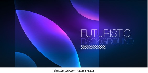 Shiny neon geometric abstract background. Glowing lights on round shapes, triangles and circles. Wallpaper for concept of AI technology, blockchain, communication, 5G, science, business