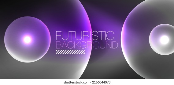 Shiny neon geometric abstract background. Glowing lights on round shapes, triangles and circles. Wallpaper for concept of AI technology, blockchain, communication, 5G, science, business
