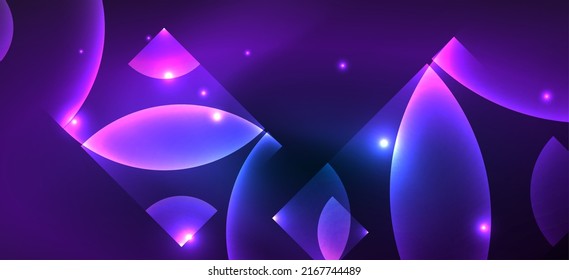 Shiny neon geometric abstract background. Glowing lights on round shapes, triangles and circles. Wallpaper for concept of AI technology, blockchain, communication, 5G, science, business