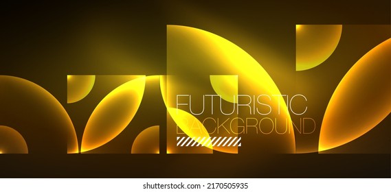 Shiny neon geometric abstract background. Glowing lights on round shapes, triangles and circles. Wallpaper for concept of AI technology, blockchain, communication, 5G, science, business