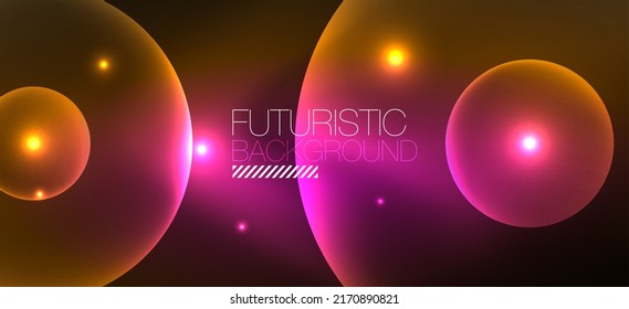 Shiny neon geometric abstract background. Glowing lights on round shapes, triangles and circles. Wallpaper for concept of AI technology, blockchain, communication, 5G, science, business
