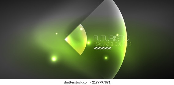Shiny neon geometric abstract background. Glowing lights on round shapes, triangles and circles. Wallpaper for concept of AI technology, blockchain, communication, 5G, science, business