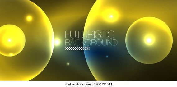 Shiny neon geometric abstract background. Glowing lights on round shapes, triangles and circles. Wallpaper for concept of AI technology, blockchain, communication, 5G, science, business