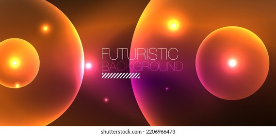 Shiny neon geometric abstract background. Glowing lights on round shapes, triangles and circles. Wallpaper for concept of AI technology, blockchain, communication, 5G, science, business