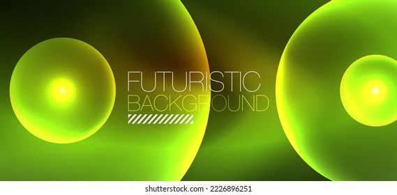 Shiny neon geometric abstract background. Glowing lights on round shapes, triangles and circles. Wallpaper for concept of AI technology, blockchain, communication, 5G, science, business
