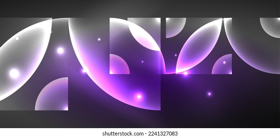 Fondo abstracto geométrico brillante de neón. Luces brillantes en formas redondeadas, triángulos y círculos. Fondo de escritorio para el concepto de tecnología de IA, blockchain, comunicación, 5G, ciencia, negocios