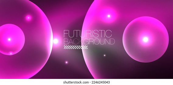 Shiny neon geometric abstract background. Glowing lights on round shapes, triangles and circles. Wallpaper for concept of AI technology, blockchain, communication, 5G, science, business
