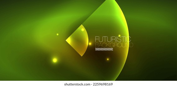 Shiny neon geometric abstract background. Glowing lights on round shapes, triangles and circles. Wallpaper for concept of AI technology, blockchain, communication, 5G, science, business
