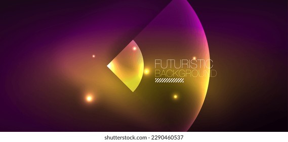 Fondo abstracto geométrico brillante de neón. Luces brillantes en formas redondeadas, triángulos y círculos. Fondo de escritorio para el concepto de tecnología de IA, blockchain, comunicación, 5G, ciencia, negocios