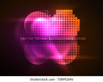 Shiny neon glowing circles, dot particles structure. Vector digital technology abstract background, backdrop for techno presentation or web banner template