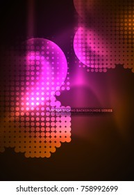 Círculos brillantes de neón, estructura de partículas de punto. Fondo abstracto de tecnología digital vectorial, fondo para presentación tecno o plantilla de banner web
