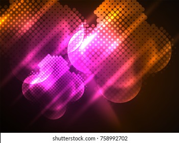 Círculos brillantes de neón, estructura de partículas de punto. Fondo abstracto de tecnología digital vectorial, fondo para presentación tecno o plantilla de banner web