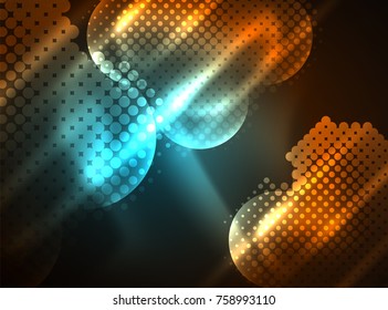 Shiny neon glowing circles, dot particles structure. Vector digital technology abstract background, backdrop for techno presentation or web banner template