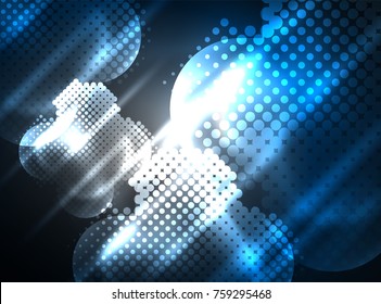 Shiny neon glowing circles, dot particles structure. Vector digital technology abstract background, backdrop for techno presentation or web banner template