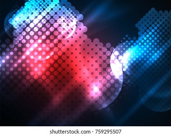 Shiny neon glowing circles, dot particles structure. Vector digital technology abstract background, backdrop for techno presentation or web banner template