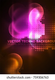 Shiny neon glowing circles, dot particles structure. Vector digital technology abstract background, backdrop for techno presentation or web banner template