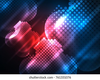 Shiny neon glowing circles, dot particles structure. Vector digital technology abstract background, backdrop for techno presentation or web banner template