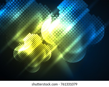 Shiny neon glowing circles, dot particles structure. Vector digital technology abstract background, backdrop for techno presentation or web banner template