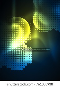 Shiny neon glowing circles, dot particles structure. Vector digital technology abstract background, backdrop for techno presentation or web banner template