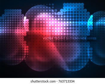 Shiny neon glowing circles, dot particles structure. Vector digital technology abstract background, backdrop for techno presentation or web banner template