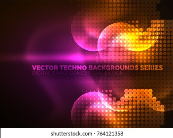 Círculos brillantes de neón, estructura de partículas de punto. Fondo abstracto de tecnología digital vectorial, fondo para presentación tecno o plantilla de banner web