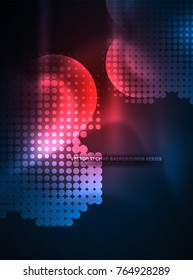 Círculos brillantes de neón, estructura de partículas de punto. Fondo abstracto de tecnología digital vectorial, fondo para presentación tecno o plantilla de banner web