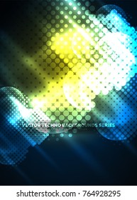 Círculos brillantes de neón, estructura de partículas de punto. Fondo abstracto de tecnología digital vectorial, fondo para presentación tecno o plantilla de banner web