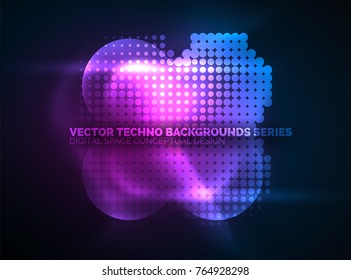 Shiny neon glowing circles, dot particles structure. Vector digital technology abstract background, backdrop for techno presentation or web banner template