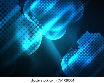 Shiny neon glowing circles, dot particles structure. Vector digital technology abstract background, backdrop for techno presentation or web banner template