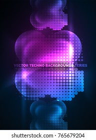 Shiny neon glowing circles, dot particles structure. Vector digital technology abstract background, backdrop for techno presentation or web banner template
