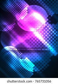 Shiny neon glowing circles, dot particles structure. Vector digital technology abstract background, backdrop for techno presentation or web banner template