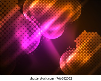 Círculos brilhantes de néon, estrutura de partículas pontiagudas. Plano de fundo abstrato da tecnologia digital de vetor, plano de fundo para apresentação techno ou modelo de banner da Web