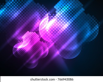 Shiny neon glowing circles, dot particles structure. Vector digital technology abstract background, backdrop for techno presentation or web banner template