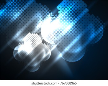 Círculos brillantes de neón, estructura de partículas de punto. Fondo abstracto de tecnología digital vectorial, fondo para presentación tecno o plantilla de banner web